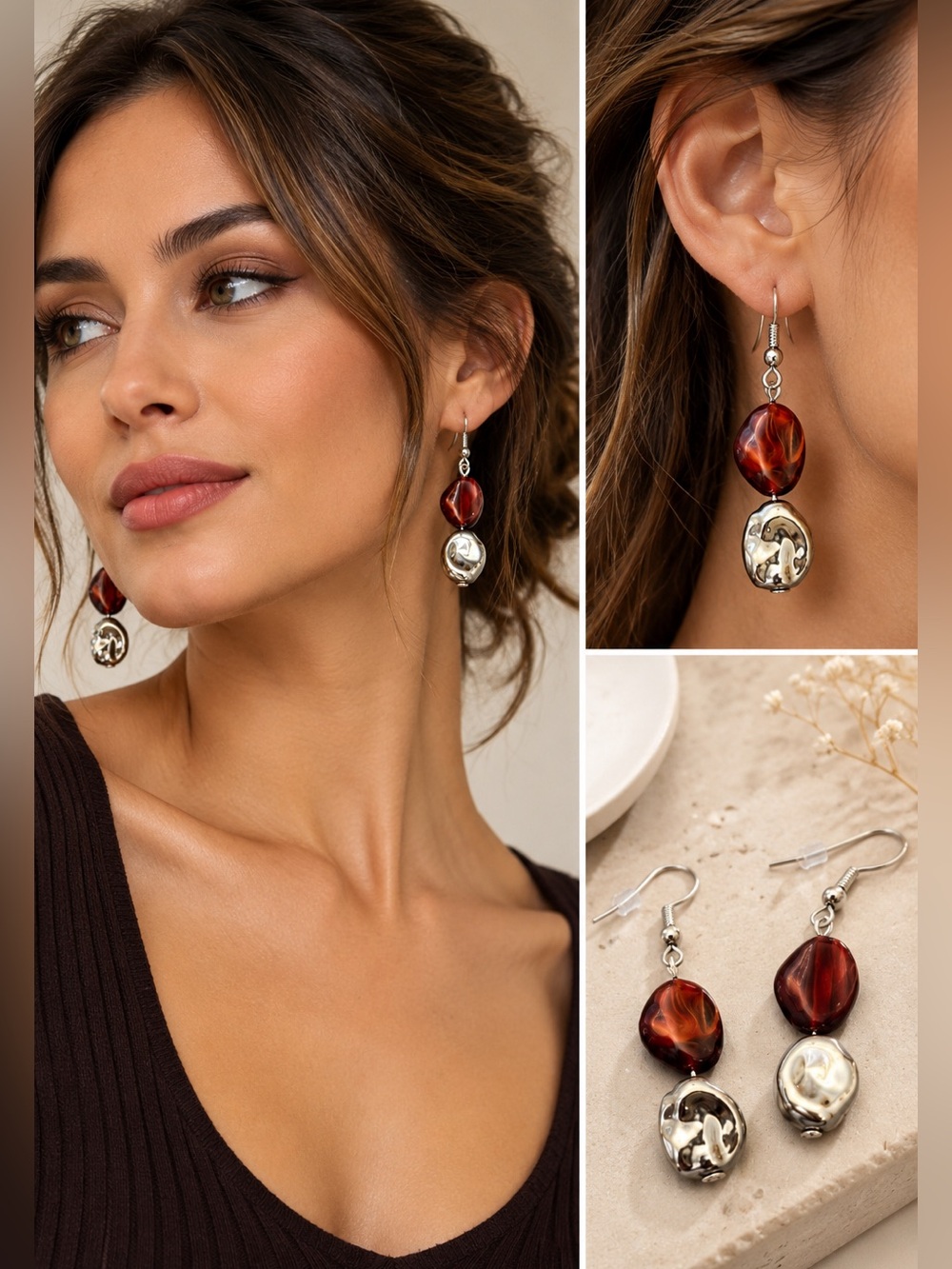 Elegant Red and silver Drop Dangle Earrings - Women Jewelry